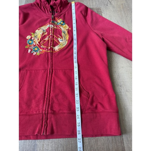 Lucky Brand Embroidered Zip Hoodie Asian Art Bird Floral Graphic Red Size XL - Picture 14 of 16